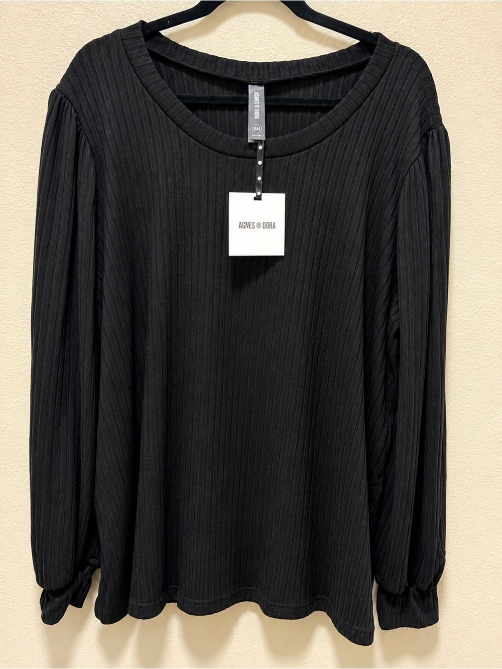 Agnes & Dora Black Ribbed Balloon-Sleeve Long Sleeve Top